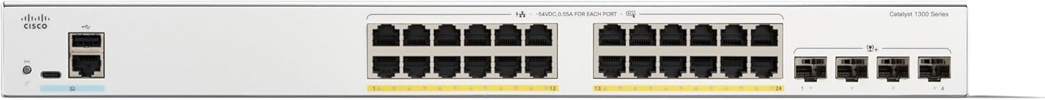 Cisco Catalyst C1300-24P-4X Layer 3 Managed Switch 24x Gigabit PoE+ Ports, 4x 10G SFP+ Uplinks, Enterprise-Class, Advanced Security, Stackable, Fanless, Rack-Mountable, 195W PoE (New) (Renewed)
