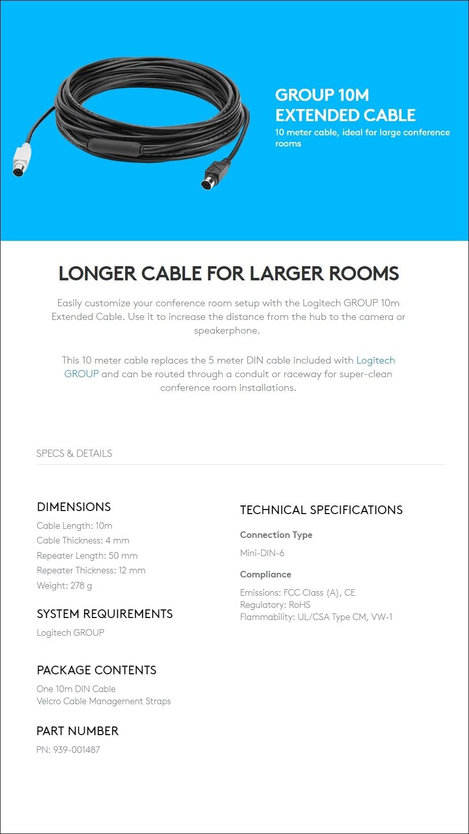 Logitech GROUP 15M Extended Cable GROUP Video Conferencing Systems - Mini-DIN-6 Cable/Repeater, Plenum-Rated, with Velcro Cable Management Straps, 939-001490 (New)(Renewed)