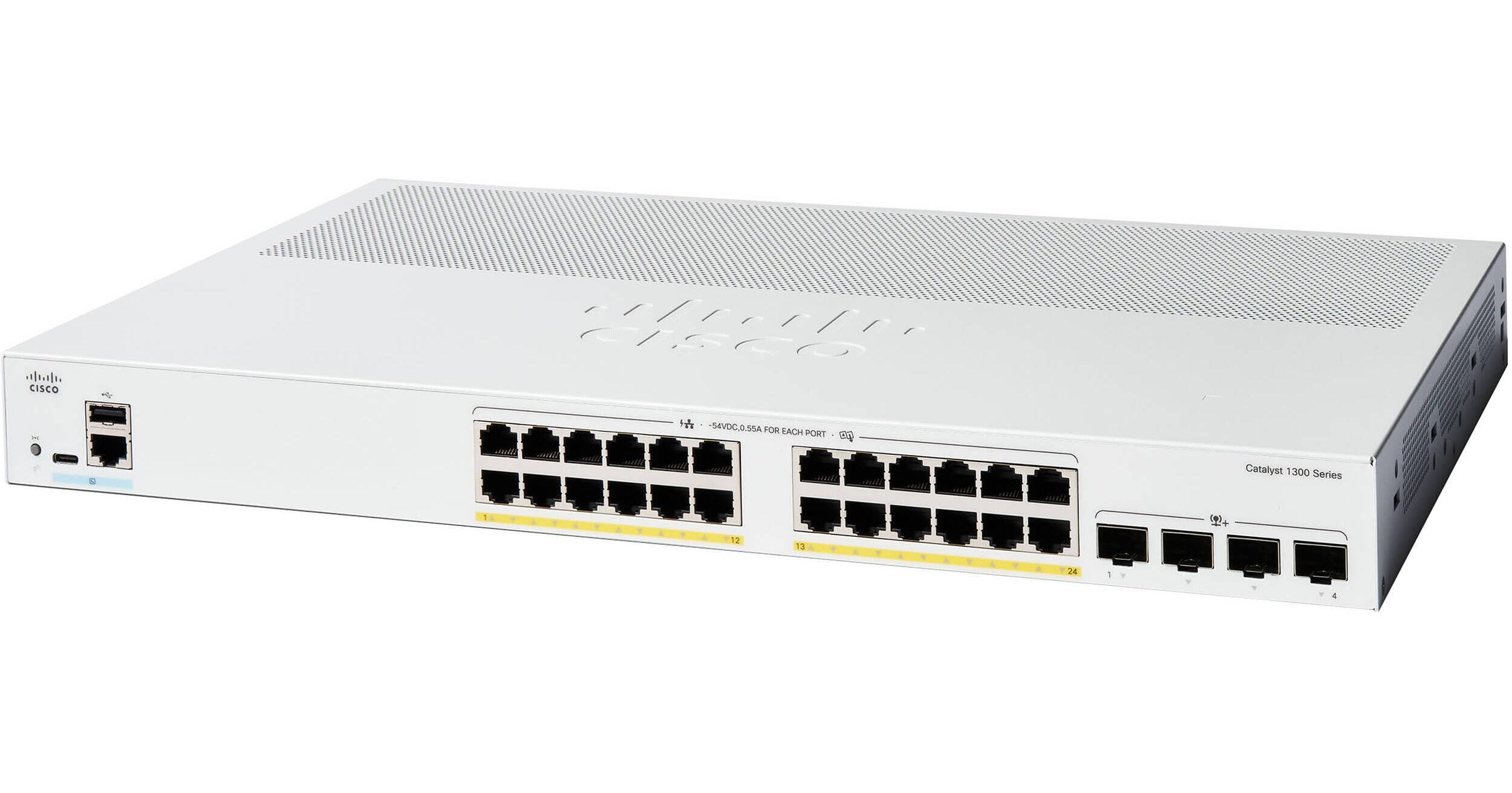 Cisco Catalyst C1300-24P-4X Layer 3 Managed Switch 24x Gigabit PoE+ Ports, 4x 10G SFP+ Uplinks, Enterprise-Class, Advanced Security, Stackable, Fanless, Rack-Mountable, 195W PoE (New) (Renewed)