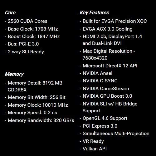 EVGA GeForce GTX 1080 SC GAMING ACX 3.0, 8GB GDDR5X, LED, DX12 OSD Support (PXOC) Graphics Card 08G-P4-6183-KR (Renewed)