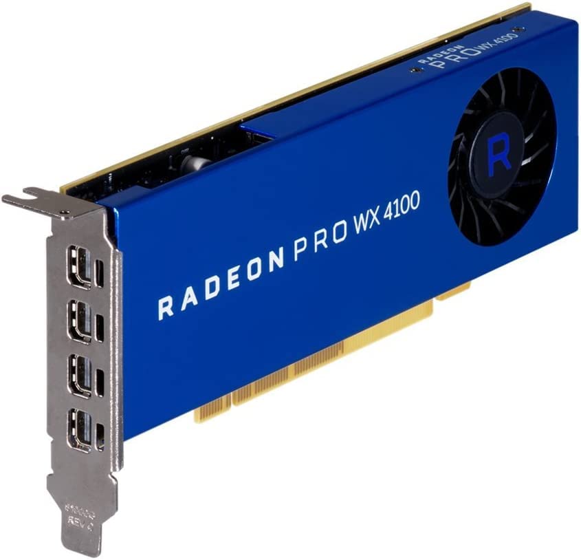 HP AMD Radeon Pro WX 4100 4GB GDDR5 graphics card – 2.46 TFLOPs, 1024 Cores, 128-bit, 96 GB/s, PCIe® 3.0 x16, Low and High Profile Bracket, 4x Mini-DP to DP Adapters